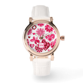 Elegantens rosa, blommigtens hjärtan, motif monogr armbandsur