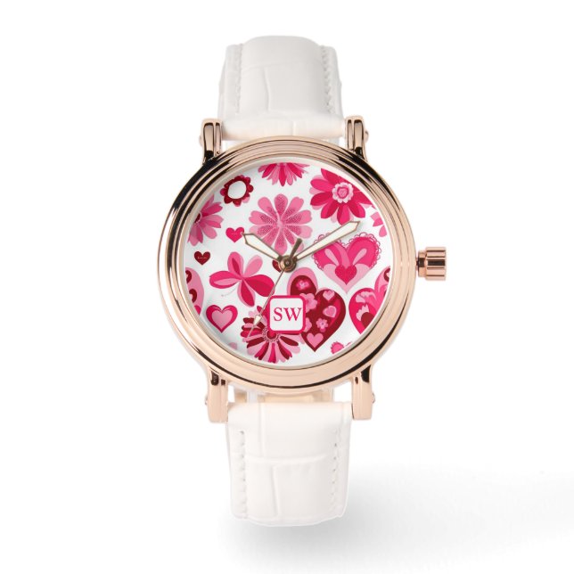 Elegantens rosa, blommigtens hjärtan, motif monogr armbandsur (Framsida)