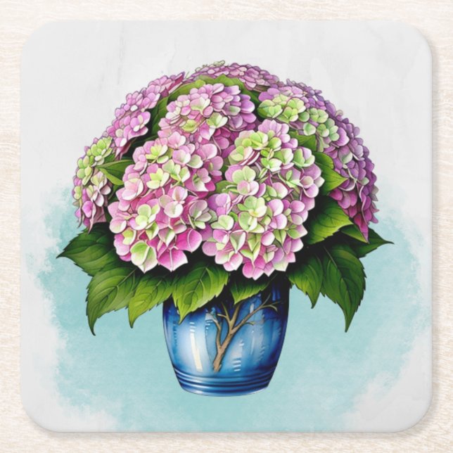 Elegantens Rosa Hydrangea Flower Papper Underlägg Kvadrat (Framsidan)
