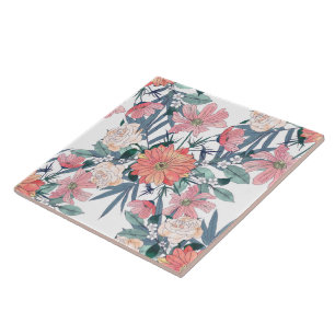 Elegantens Rosa och Blommigt med blå vattenfärg Kakelplatta