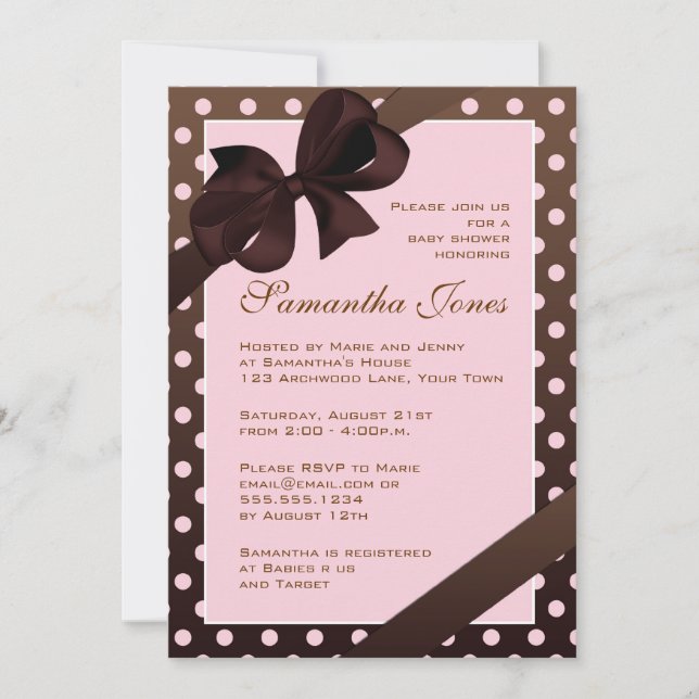 Elegantens Rosa och Brown Polka Dot Baby Shower Inbjudningar (Framsida)