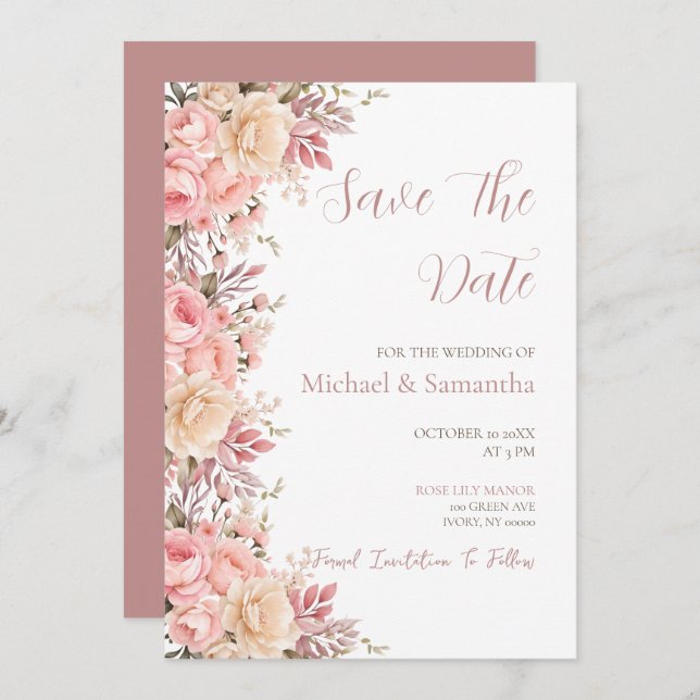 Elegantens Rosa och Elfenbenskustens Vår bröllop Spara Datumet (Fram/baksida)