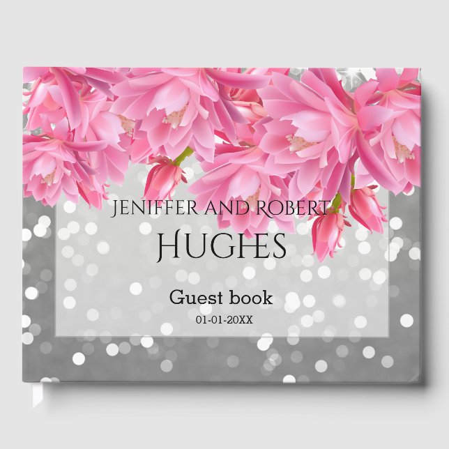Elegantens Rosa och Grått Blommigt Snöre Bröllop Gästböcker (Framsida)