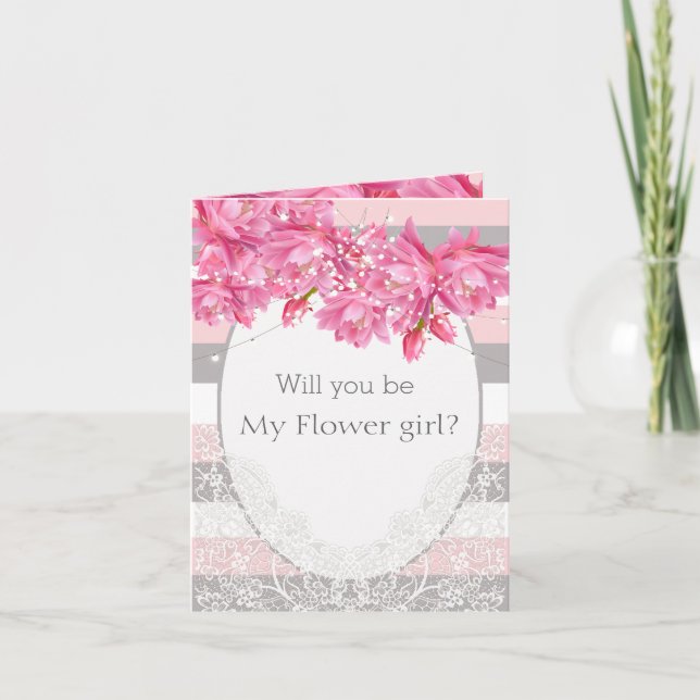 Elegantens Rosa och Grått Blommigt Snöre Bröllop Tack Kort (Framsida)