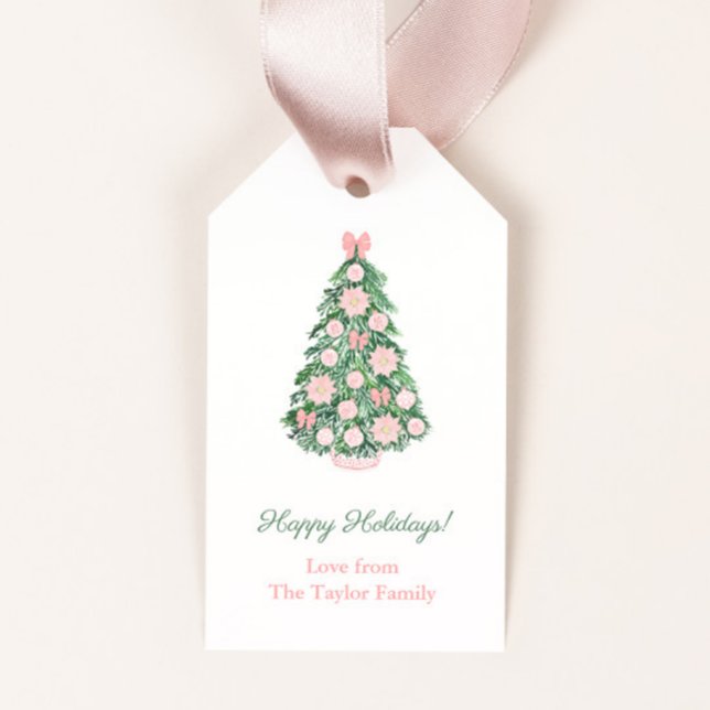Elegantens Rosa och Grönt Glad helg jul Presentetikett (Pink and green maximalist happy holidays or Merry Christmas gift tags)