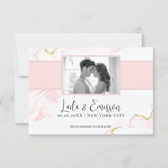 Elegantens Rosa och Guld - Marble Save Date Card Spara Datumet (Framsida)
