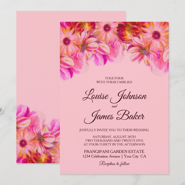 Elegantens Rosa och Gultens Blommigt Bröllop Inbjudningar (Fram/baksida)