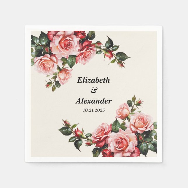 Elegantens rosa och röd ros blommigt bröllop pappersservett (Framsidan)