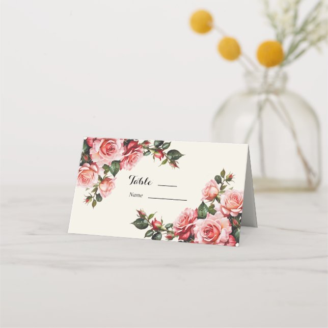 Elegantens rosa och röd ros blommigt bröllop placeringskort (Framsida)