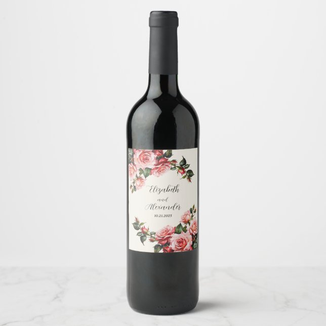 Elegantens rosa och röd ros blommigt bröllop vinflaska etikett (Framsida)