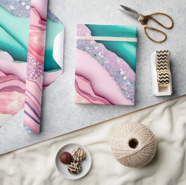 Elegantens Rosa och turkos Glitter Alkohol Bläck Presentpapper (Hantverk)