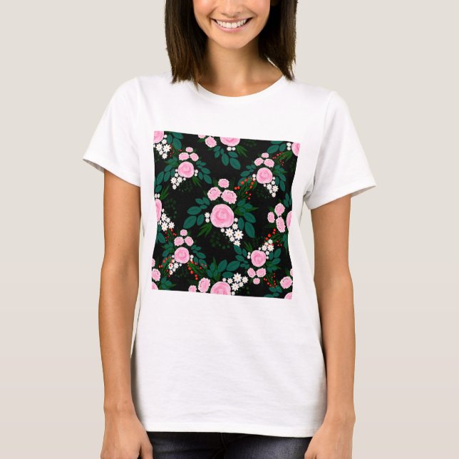 Elegantens Rosa och vattenfärgsfärg för vit Blommi T Shirt (Framsida)