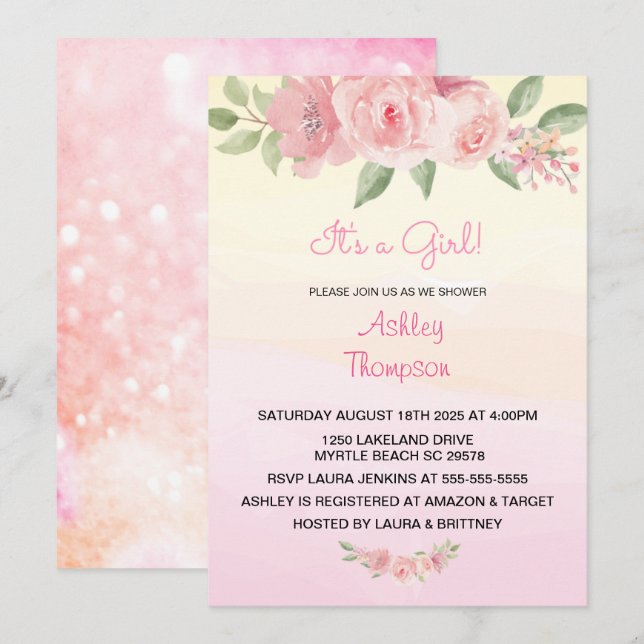Elegantens Rosa och Yelow Blommigt Baby Shower Inbjudningar (Fram/baksida)