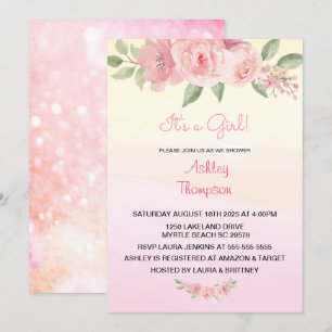 Elegantens Rosa och Yelow Blommigt Baby Shower Inbjudningar