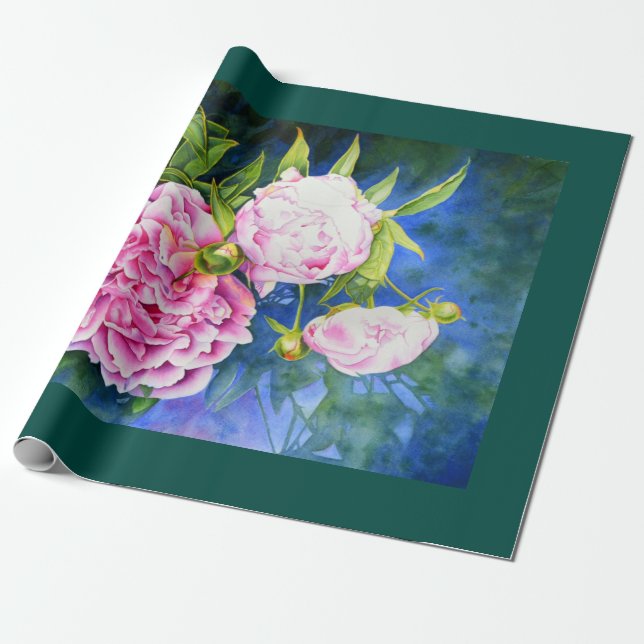 Elegantens rosa, vit klassisk blommigt med vattenf presentpapper (Utrullad)