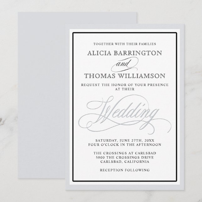 Elegantens skript blommar med valfri Silver Gräns Inbjudningar (Fram/baksida)