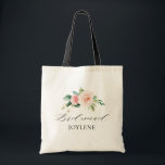 elegantens skript  blommigt brudesaid till påse tygkasse<br><div class="desc">enkel kalligrafi-skript vattenfärg  rosa blommigt bridesmaid bröllop to bag</div>