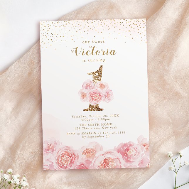 Elegantens skript guld &  blommigt 1:a födelsedag inbjudningar (Elegant script gold & blush floral 1st birthday invitation)