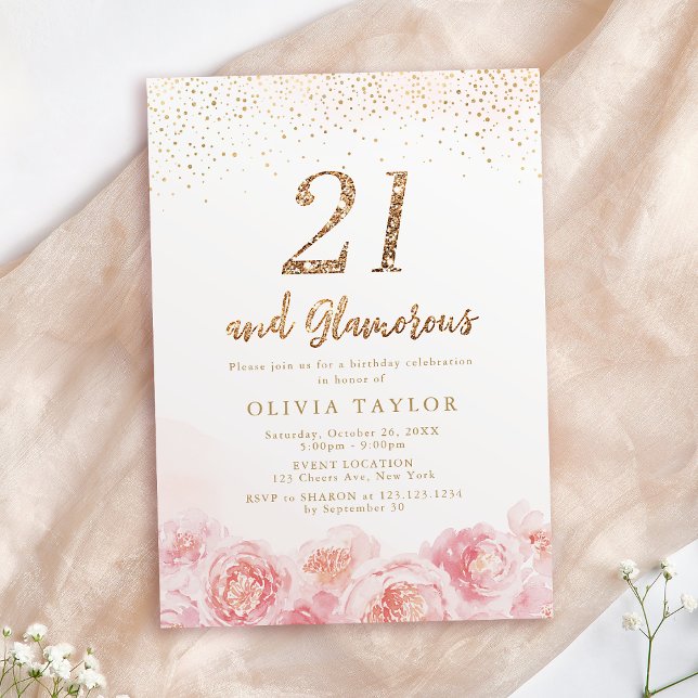 Elegantens skript guld &  blommigt 21:a födelsedag inbjudningar (Elegant script gold & blush floral 21st birthday invitation)