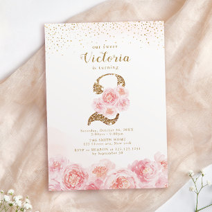 Elegantens skript guld & blommigt Andra årsdagen Inbjudningar