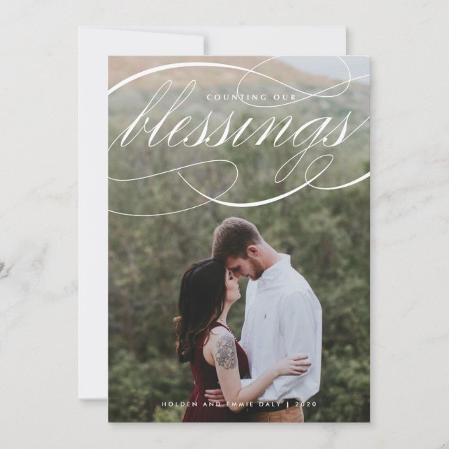 Elegantens skript räknar vårt välsignelsefoto julkort (Framsida)