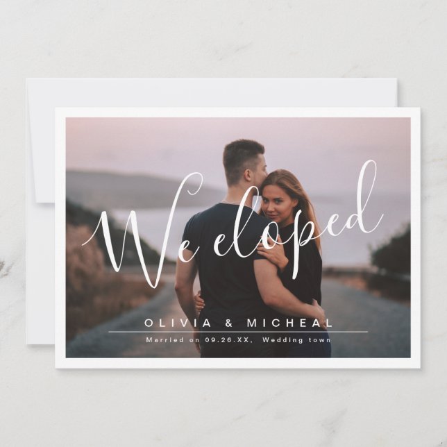 Elegantens skript "we eloped", modernt foto bröllo inbjudningar (Framsida)