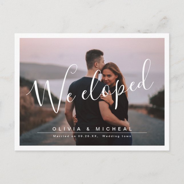Elegantens skript "we eloped", modernt foto bröllo vykort (Framsida)