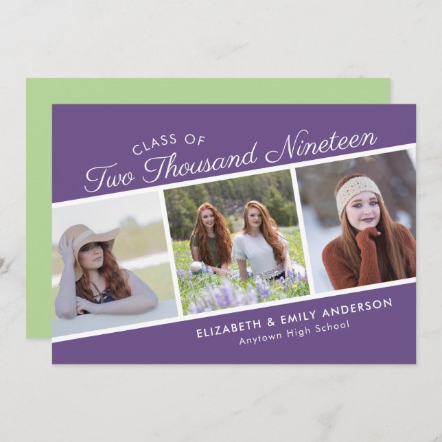 Elegantens skriptklass för 2019 | 3 Foton Studente Inbjudningar (Fram/baksida)