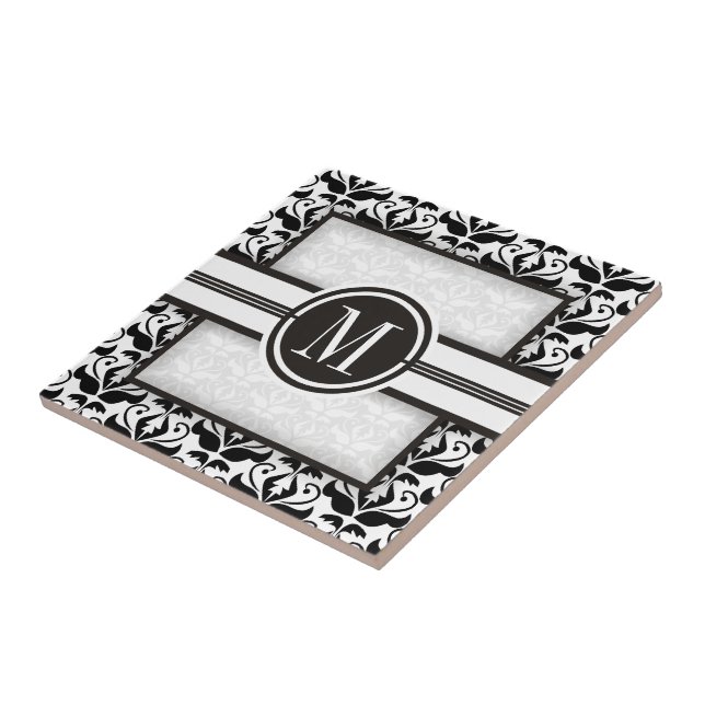 Elegantens svartvita dämpningsmönster och monogram kakelplatta (Sidan)