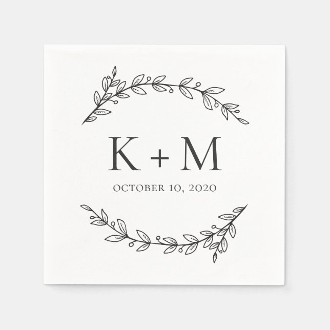 Elegantens trädgårdsbröllop. Svartvit botaniskt Pappersservett (Framsidan)