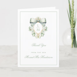 Elegantens Vapensköld med Grönt Bow | Monogram Brö Tack Kort