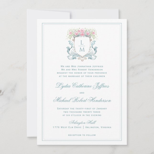 Elegantens Vapensköld med Ro | Monogram Bröllop Inbjudningar (Framsida)