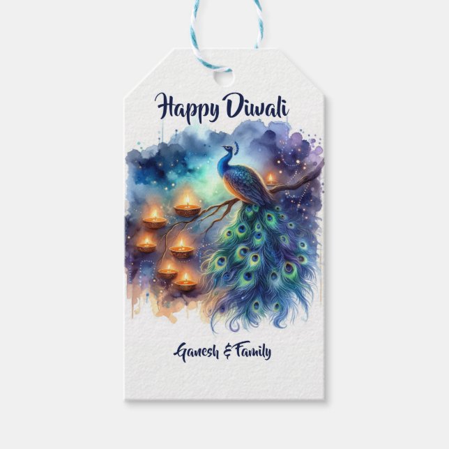 Elegantens vattenfärg Peacock Diwali Presentetikett (Framsidan)