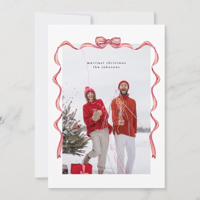 Elegantens vattenfärgsröda båge Julfoto Helgdag Julkort (Framsida)
