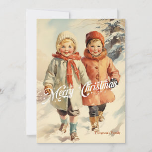 Elegantens vintage, klassiska barn med sleigh julkort