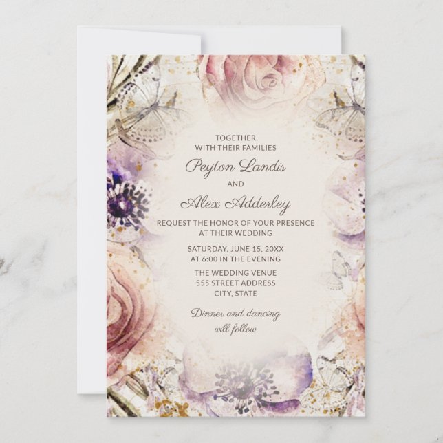 Elegantens Vintage Lila  Rosa Blommigt Bröllop Inbjudningar (Framsida)