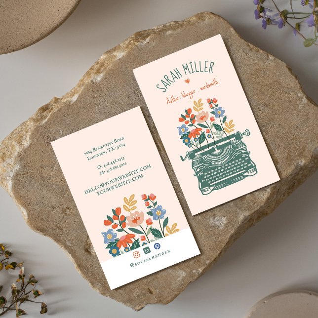 Elegantens Vintage Skrivmaskin Blockera blommande  Visitkort (Elegant Vintage Typewriter Blooming Flowers Bloger Business Card)