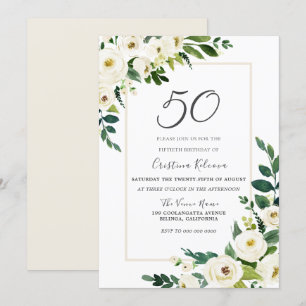 Elegantens vita blommor 50:e Födelsedagsfesten Inbjudningar