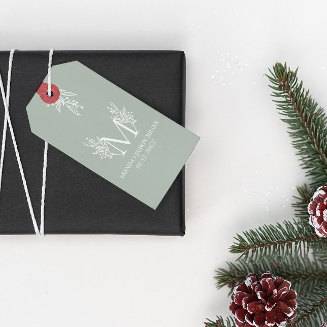 Elegantens vita sage-grönt monogram nylånad presentetikett (Skapare uppladdad)