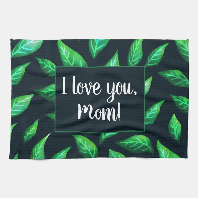 Elegantgrönt lämnar den botaniska kärlekmamman kökshandduk (Horisontell)