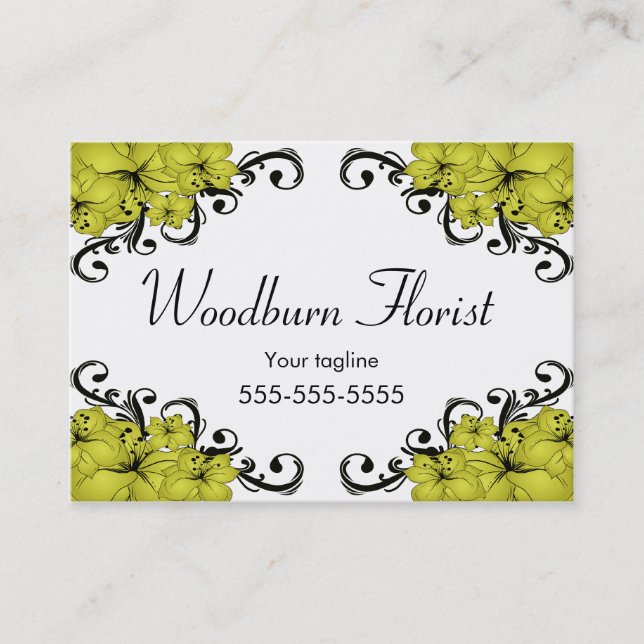 Elegantgult- och svartblommor visitkort (Framsida)