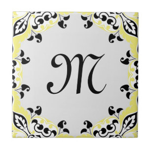 Elegantgultsvart & vitmönster med monogramen kakelplatta