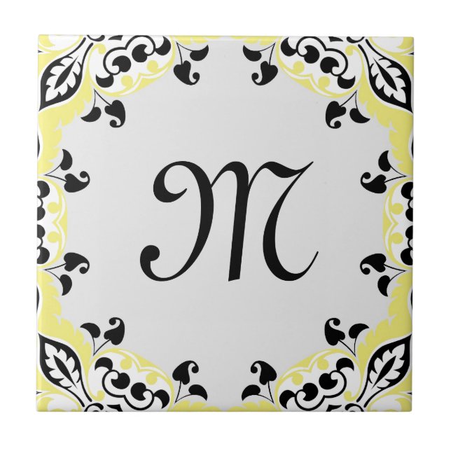Elegantgultsvart & vitmönster med monogramen kakelplatta (Framsidan)