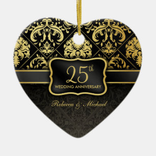 Elegantsvart & 25th bröllopsdag för guld julgransprydnad keramik