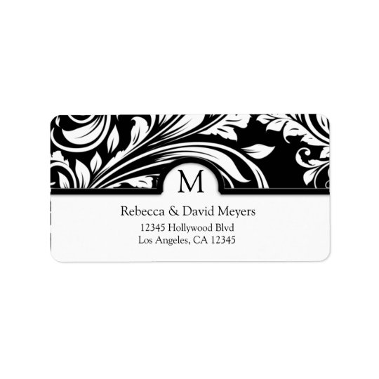 Elegantsvart & blom- damast för vit med monogramen adressetikett