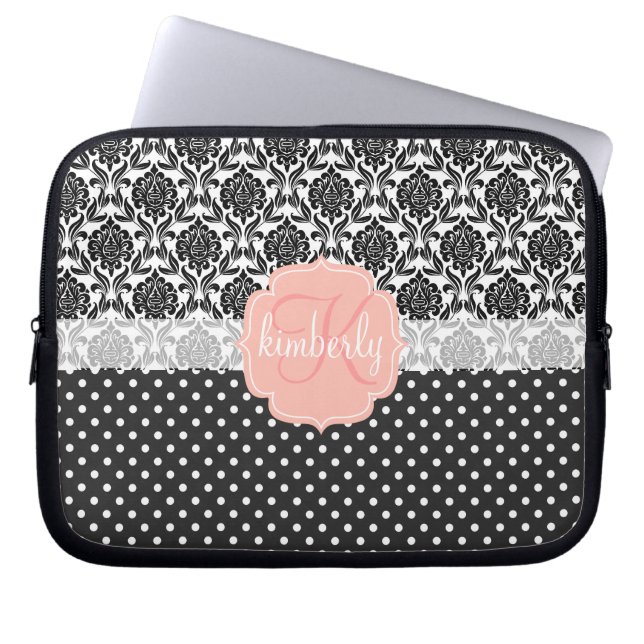 Elegantsvart & för vit damastast för rosor laptop fodral (Framsidan)