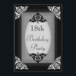 Elegantsvart och 18th födelsedag för silver inbjudningar<br><div class="desc">Personlig elegant, för födelsedagsfestfirande för anpassningsbar 18th inbjudningar för tonårs- flickor. Den härliga utsmyckade svarten och silverdubbla sid inbjudan för artonde/för en artonår gammala/18 år gammal födelsedagsfest för tonåring flickor. Dekorerat på baksidaen med flott, specificerar glamoröst utskrivavet svart snöre och den matta bilder för pärlor för din text. Chic flott...</div>