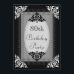 Elegantsvart och 80th födelsedag för silver inbjudningar<br><div class="desc">Kvinnor eller manar inbjudningar för firande för födelsedagsfest för personliganpassningsbar 80th. Den härliga utsmyckade svarten och silverdubbla sid kvinna eller man formella inbjudan för åriga/80 år för åttio gammal födelsedagsfester. Dekorerat på baksidaen med flott, specificerar glamoröst utskrivavet svart snöre och den matta bilder för pärlor för din text. Chic flott...</div>