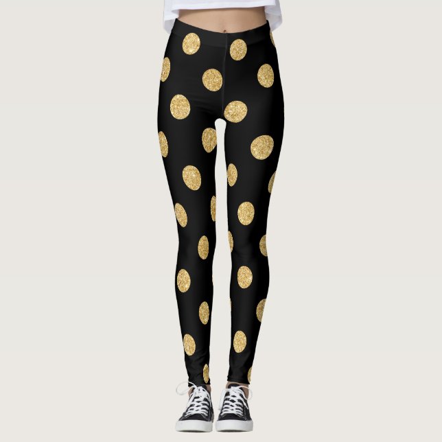 Elegantsvart och guld- glitterpolka dotsmönster leggings (Framsida)