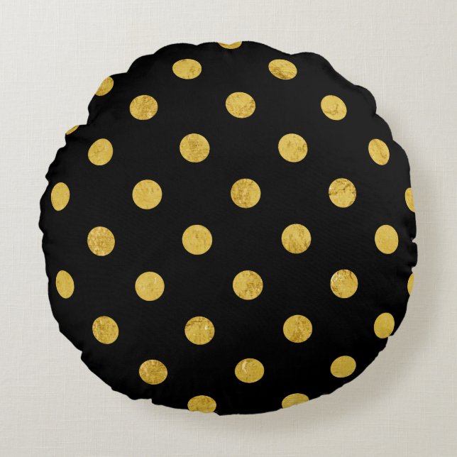Elegantsvarten och guld omkullkastar Polka pricker Rund Kudde (Framsidan)